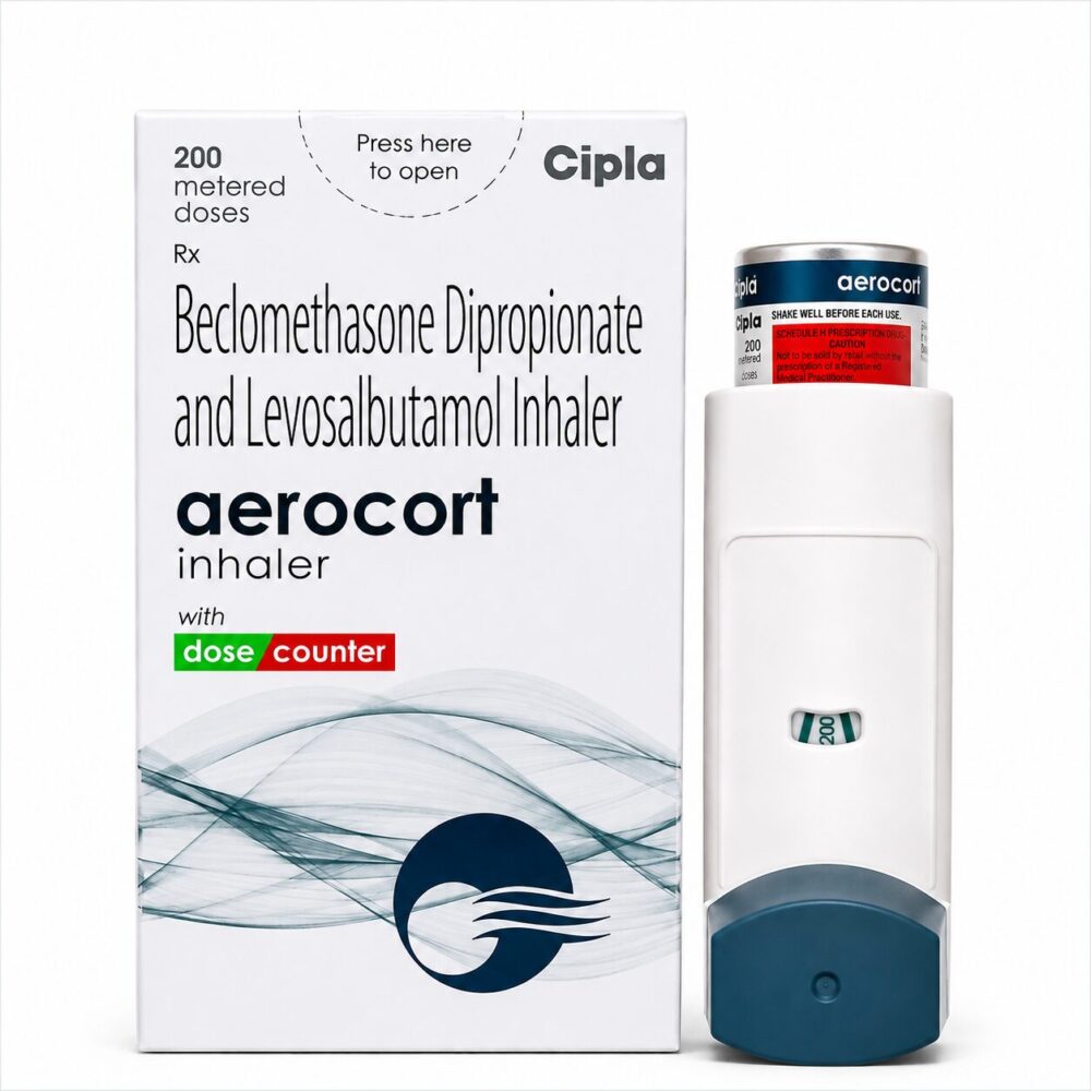 Aerocort Inhaler 200 mdi (Levosalbutamol/Beclometasone) 1 Aerocort Inhaler 200 mdi (Levosalbutamol/Beclometasone) front box with inhaler