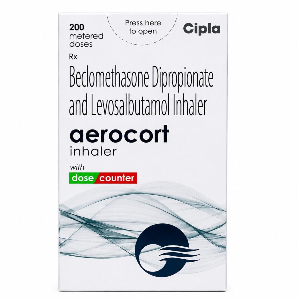 Aerocort Inhaler 200 mdi (Levosalbutamol/Beclometasone) 2 Aerocort Inhaler 200 mdi (Levosalbutamol/Beclometasone) front box