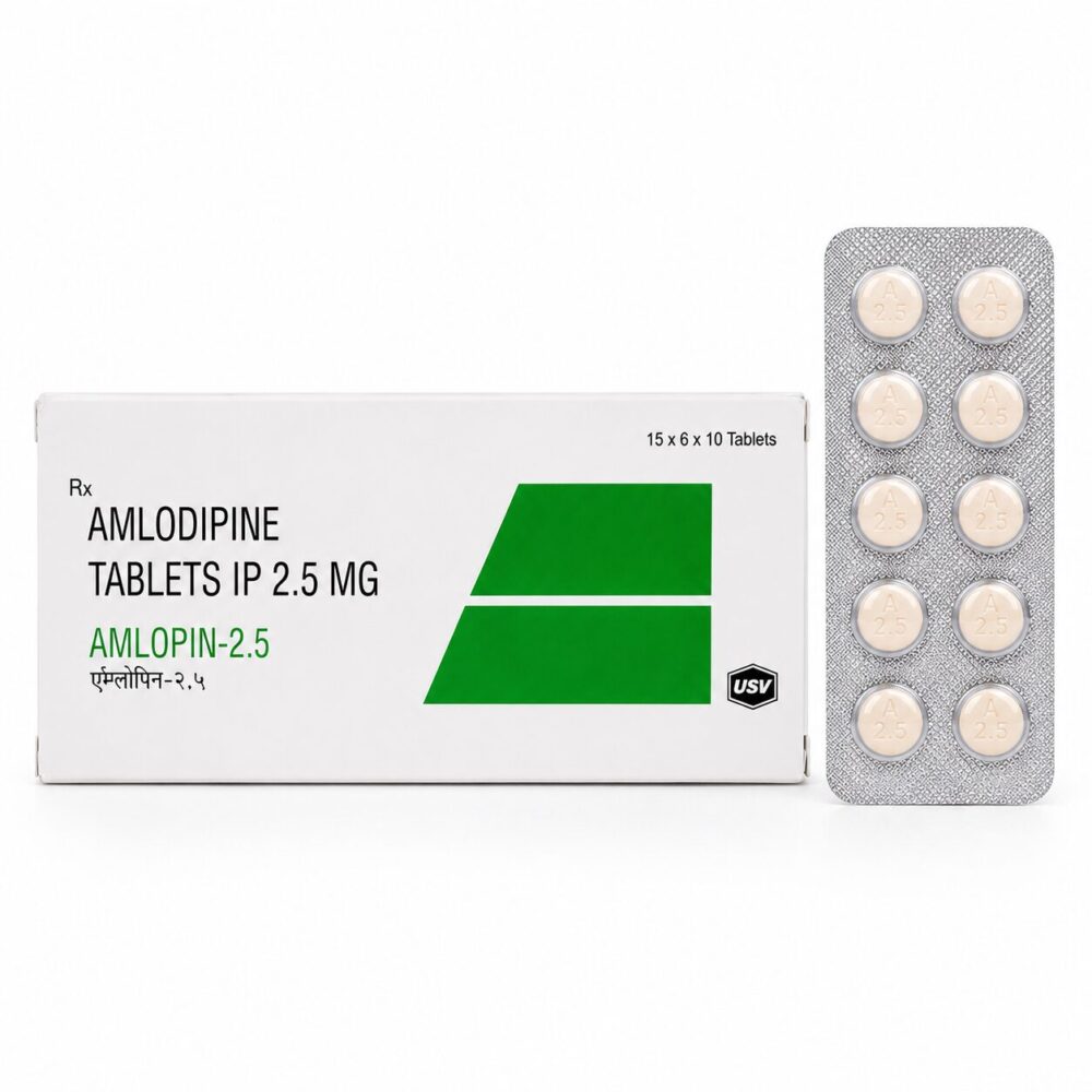 Amlopin 2.5 mg (Amlodipine) 3 Amlopin 2.5 mg (Amlodipine) front box with vertical strip