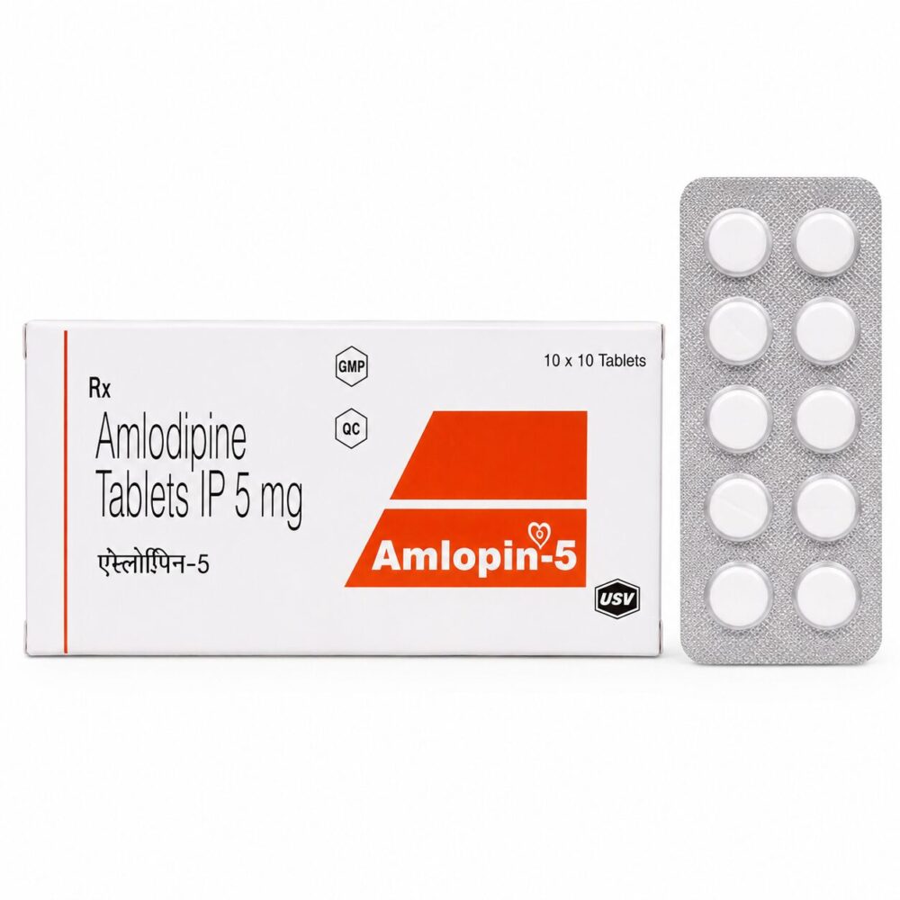 Amlopin 5 mg (Amlodipine) 3 Amlopin 5 mg (Amlodipine) front box with vertical strip