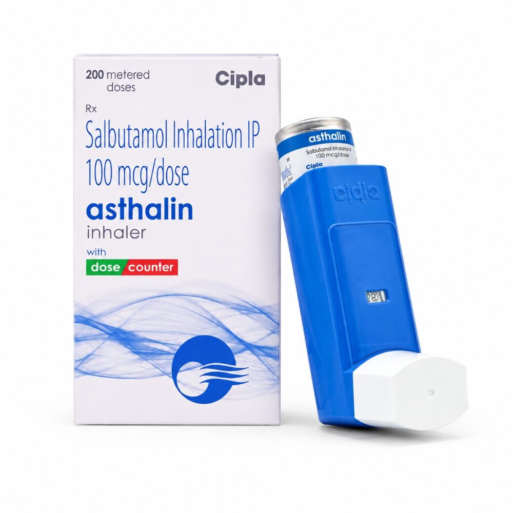 ASTHAlin 100mcg Inhaler (Salbutamol) 1 Asthalin 100 mcg Inhaler (Salbutamol) front box with inhaler