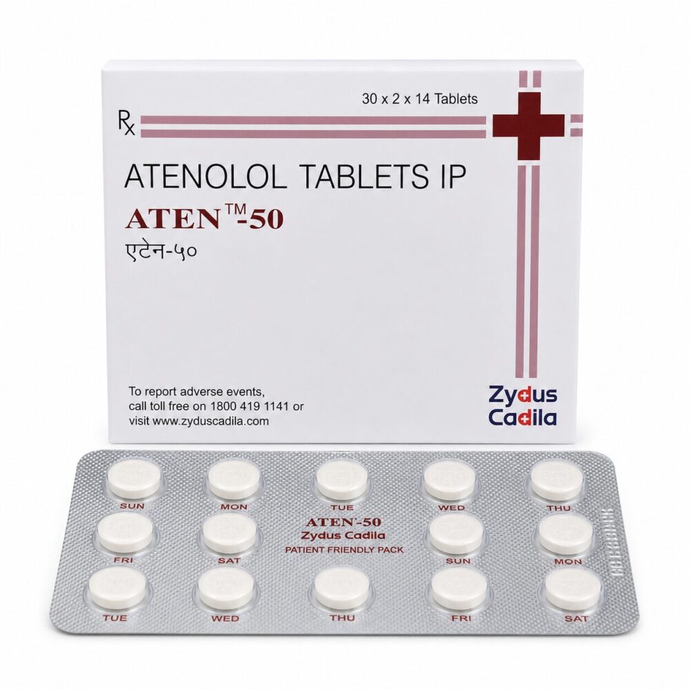 Aten 50 mg (Atenolol) 2 Aten 50 mg (Atenolol) front box with strip