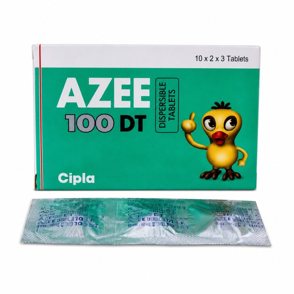 Azee DT 100 mg (Azithromycin) 1 Azee DT 100 mg (Azithromycin) front box with strip