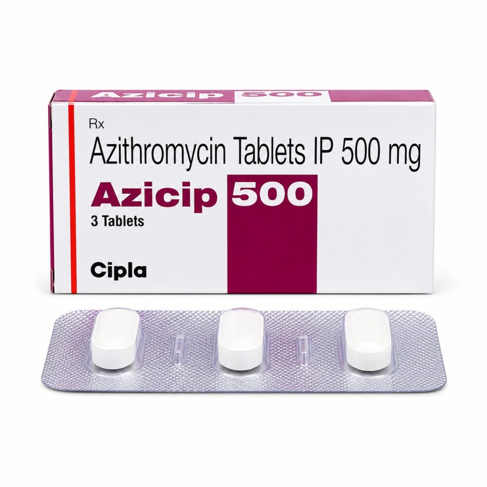 Azicip 500 mg Tablet (Azithromycin) 1 Azicip 500 mg - Authentic Azithromycin Antibiotic Tablets with front box