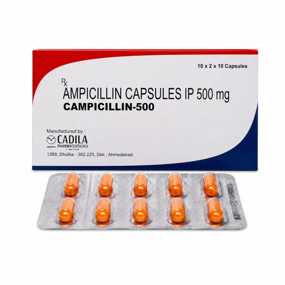 Campicillin 500 mg (Ampicillin) 1 Campicillin 500 mg (Ampicillin) front with strip