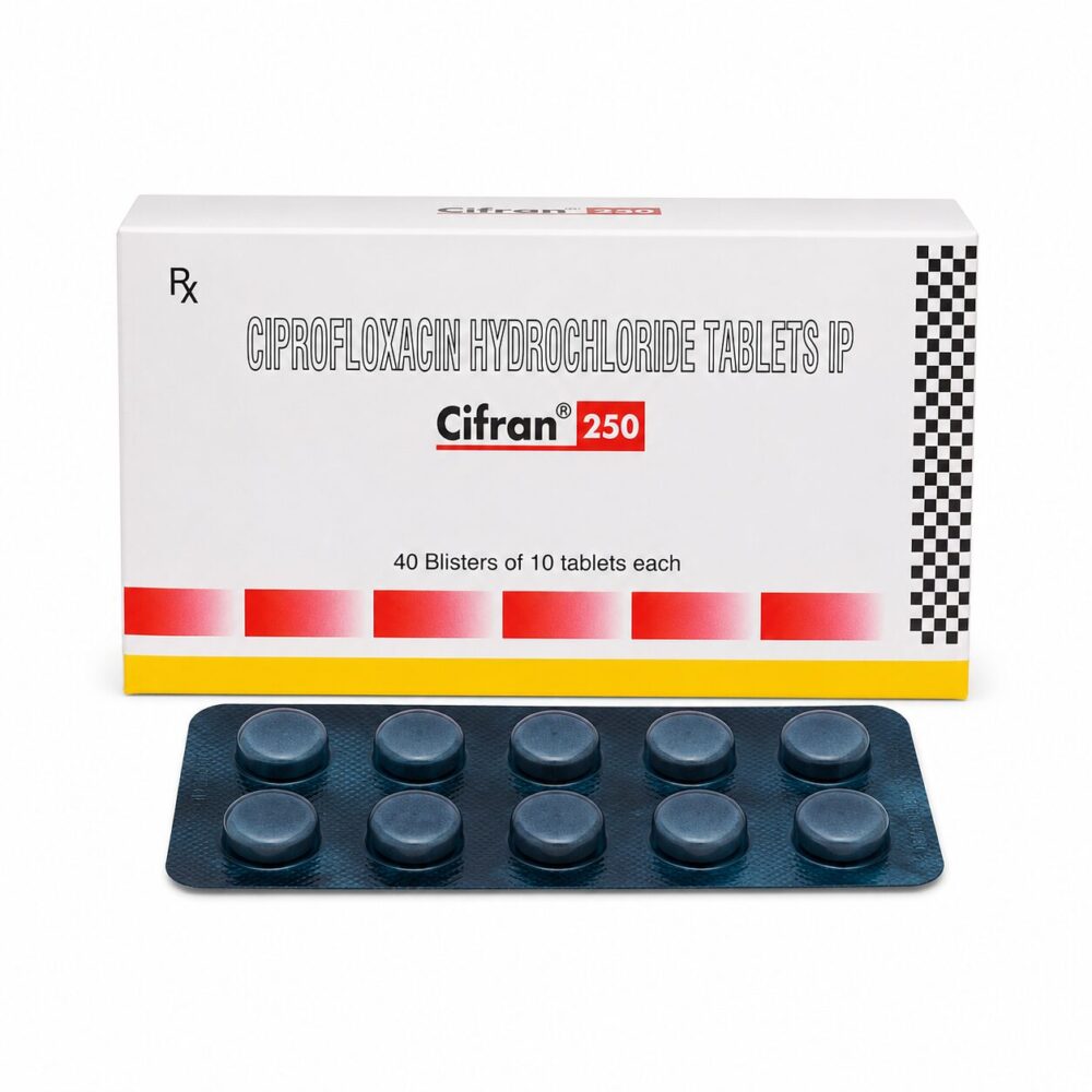 Cifran 250 mg Tablet (Ciprofloxacin) 1 Cifran 250 mg Tablet (Ciprofloxacin) front box with strip