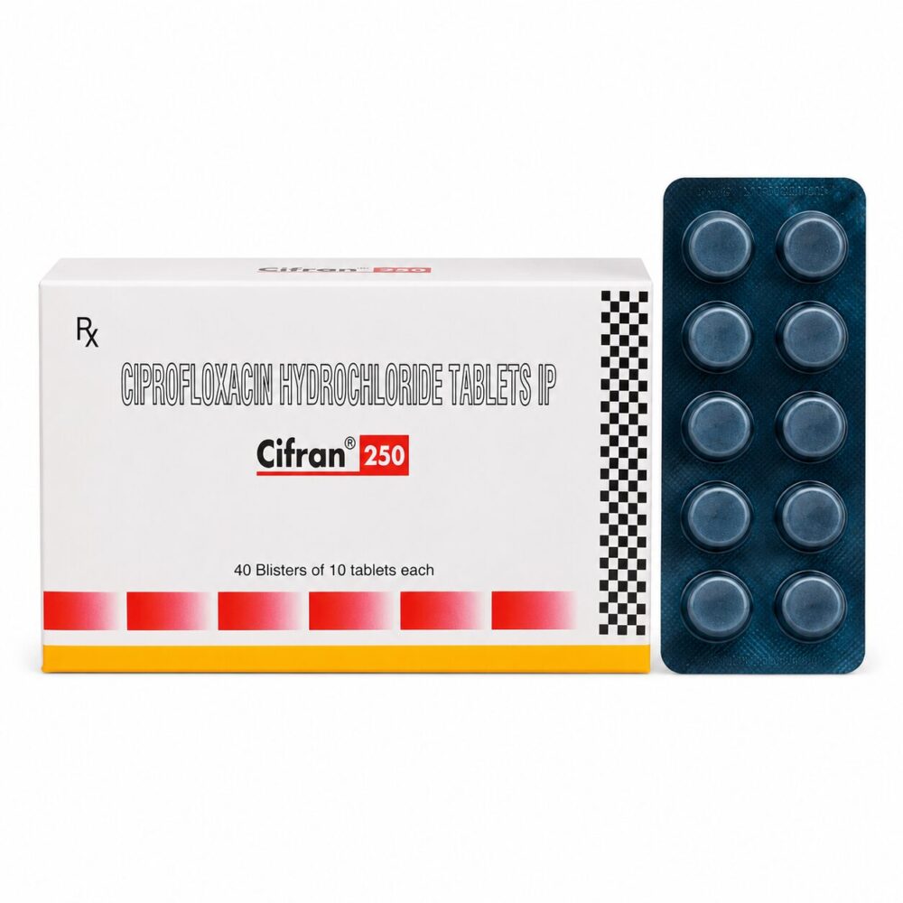 Cifran 250 mg Tablet (Ciprofloxacin) 3 Cifran 250mg Tablet (Ciprofloxacin) front box with vertical strip