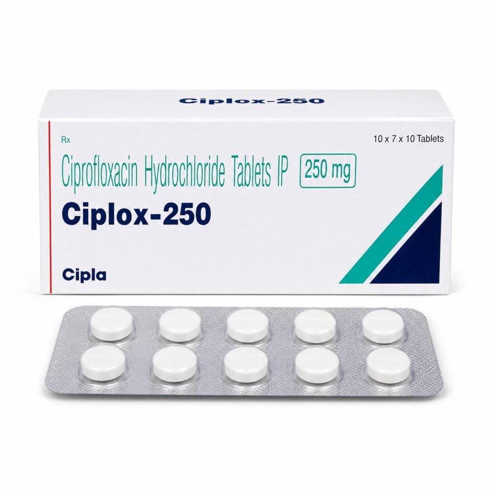 Ciplox 250 mg Tablet (Ciprofloxacin) 1 Ciplox 250 mg Tablet (Ciprofloxacin) front box with strip