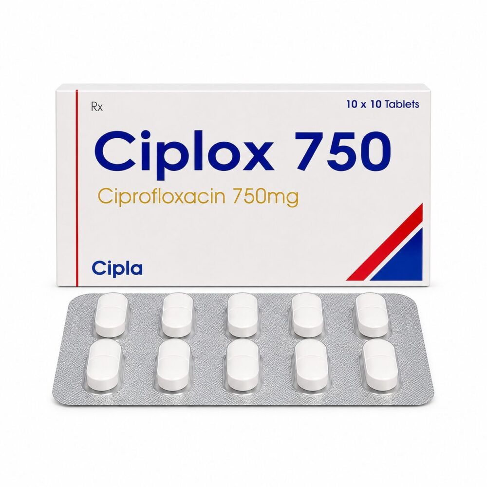 Ciplox 750 mg (Ciprofloxacin) 1 Ciplox 750 mg (Ciprofloxacin) front box with strip