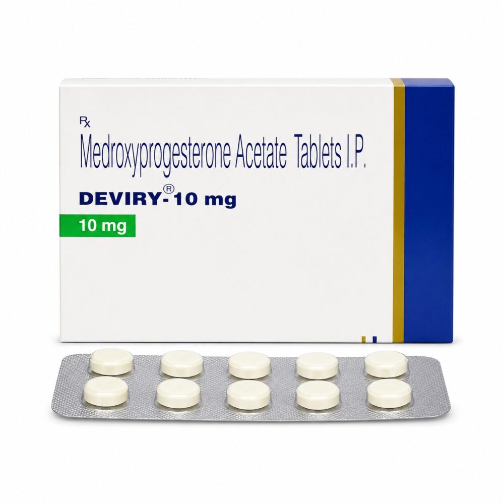 Deviry 10 mg (Medroxyprogesterone acetate) 1 Deviry 10mg (Medroxyprogesterone acetate) front box with strip