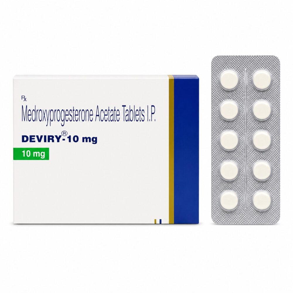 Deviry 10 mg (Medroxyprogesterone acetate) 3 Deviry 10mg (Medroxyprogesterone acetate) front box with vertical strip