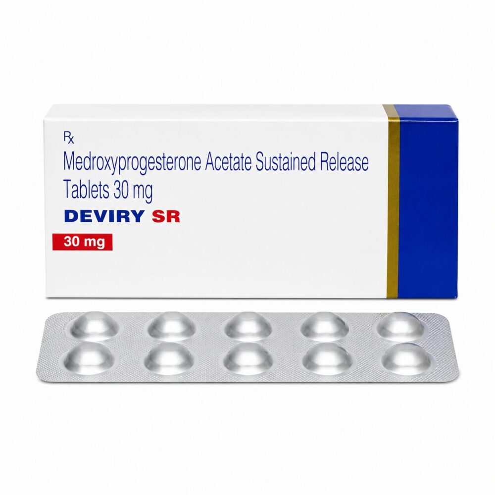 Deviry SR 30 mg (Medroxyprogesterone acetate) 1 Deviry 30mg (Medroxyprogesterone acetate) front box with strip