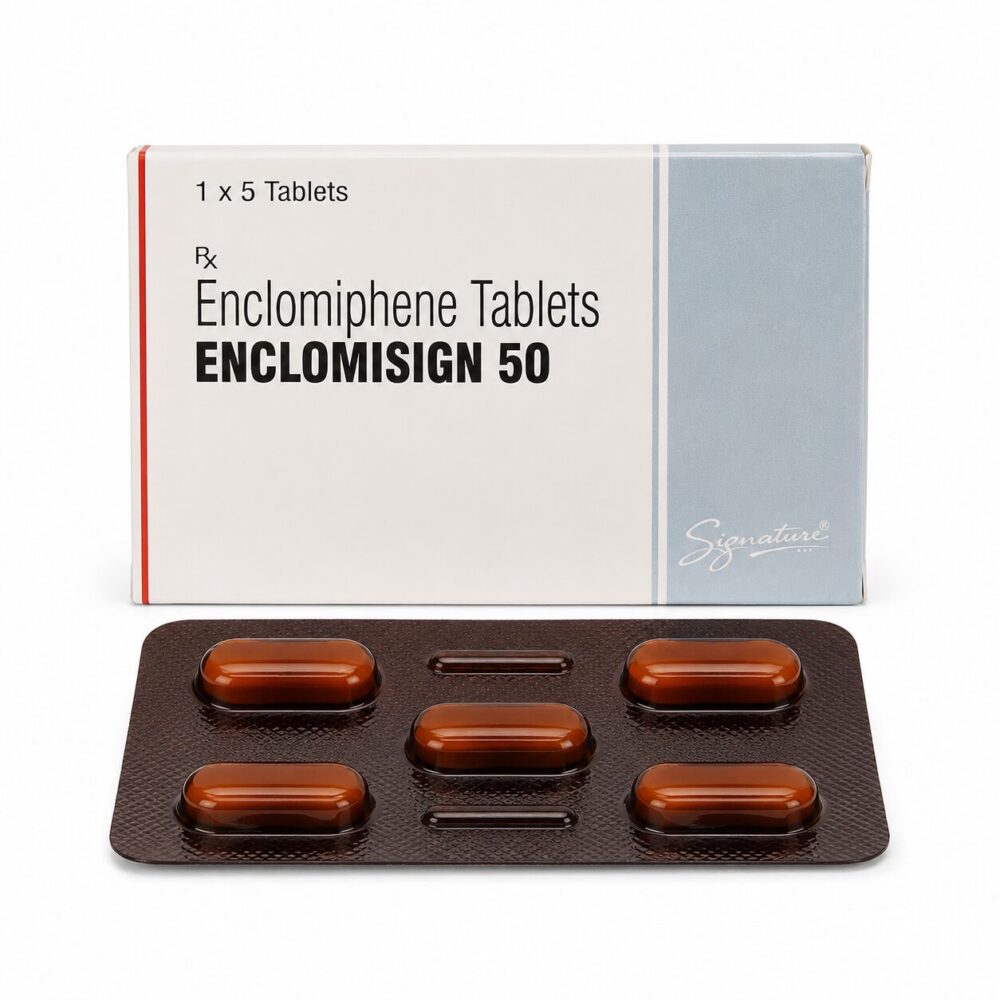Enclomisign 50 mg (Enclomiphene) 1 Enclomisign 50 mg (Enclomiphene) front box with strip