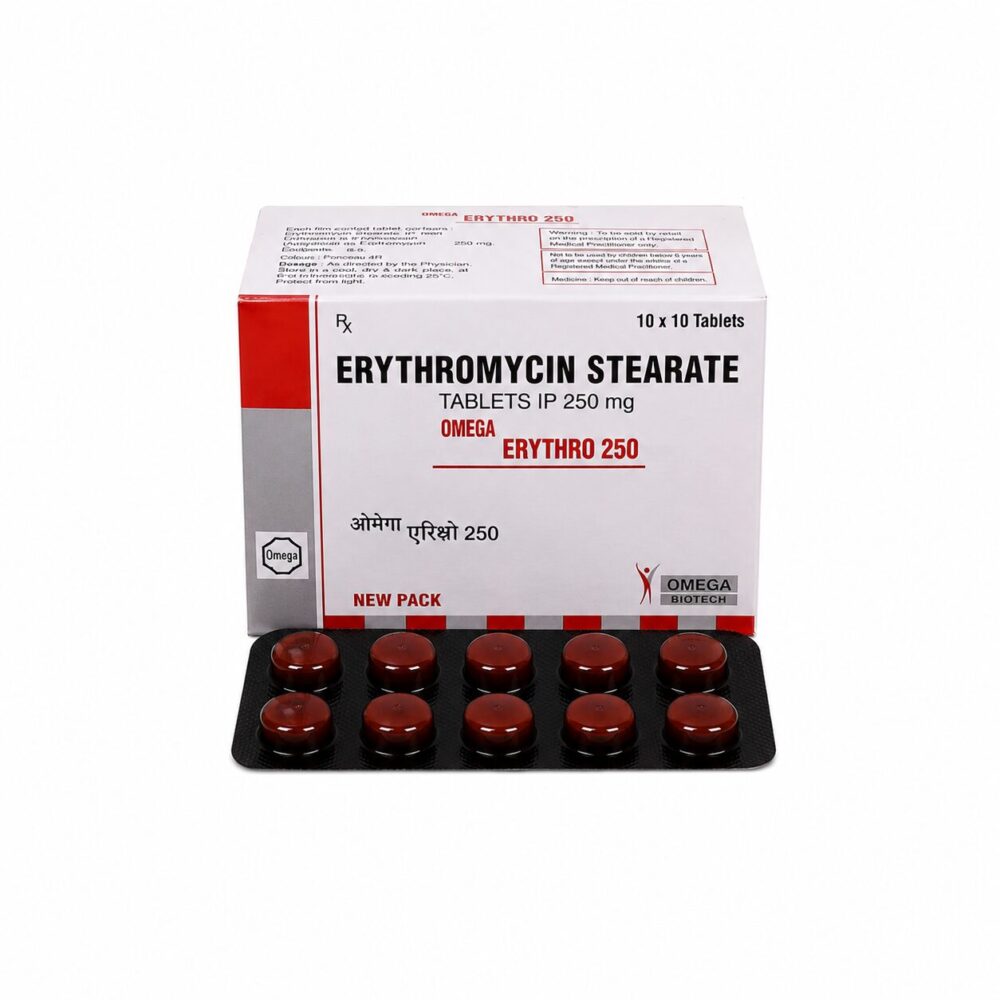 Erythro 250 mg (Erythromycin) 1 Erythro 250 mg (Erythromycin) front box with strip