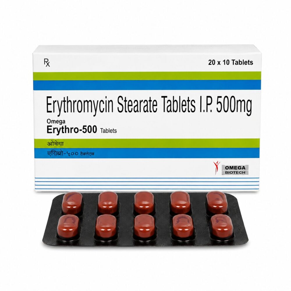 Erythro 500 mg (Erythromycin) 1 Erythro 500 mg (Erythromycin) front box with strip