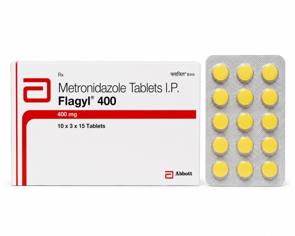 Flagyl 400 mg (metronidazole) 3 Flagyl 400 mg (metronidazole) front box with vertical strip
