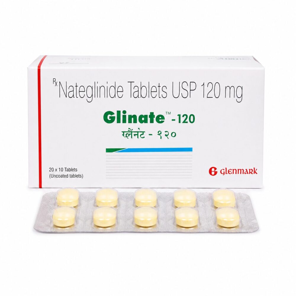 Glinate 120 mg (Nateglinide) 1 Glinate 120 mg (Nateglinide) front box with strip
