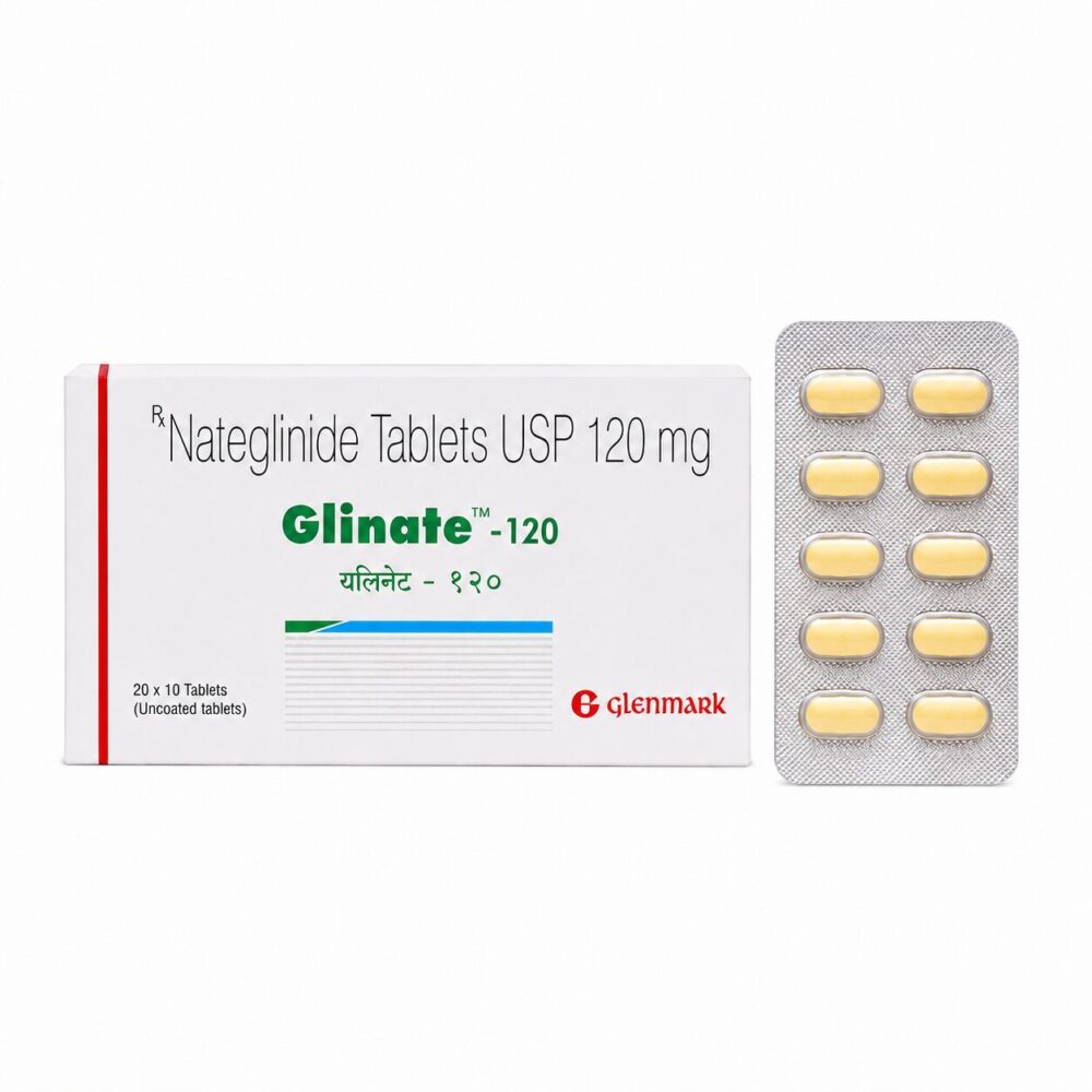 Glinate 120 mg (Nateglinide) 3 Glinate 120 mg (Nateglinide) front box with vertical srip