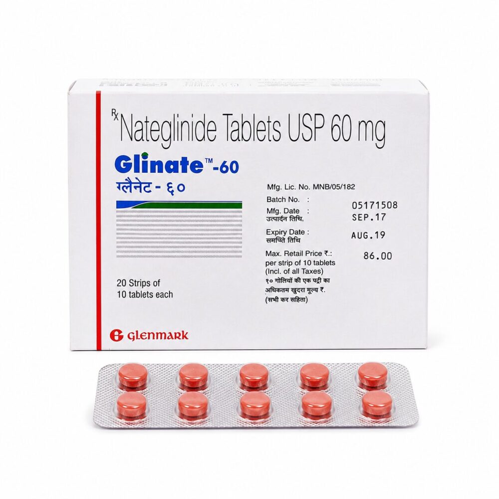 Glinate 60 mg (Nateglinide) 1 Glinate 60 mg (Nateglinide) front box with strip