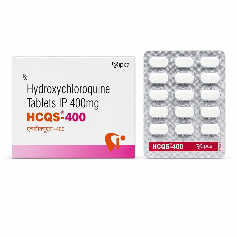 HCQS 400 mg (Hydroxychloroquine) 3 HCQS 400 mg (Hydroxychloroquine) front box with vertical strip