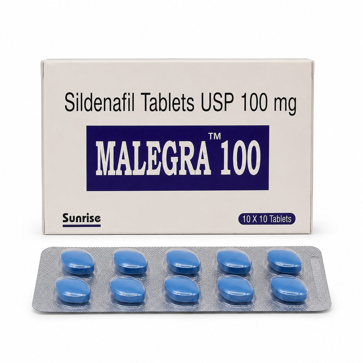 Malegra 100 mg (Sildenafil Citrate) 1 Malegra 100 mg (Sildenafil Citrate) front box with strip