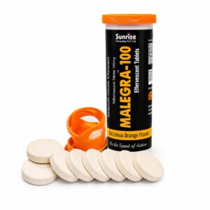 Malegra Effervescent 100 mg front bottle with tablet