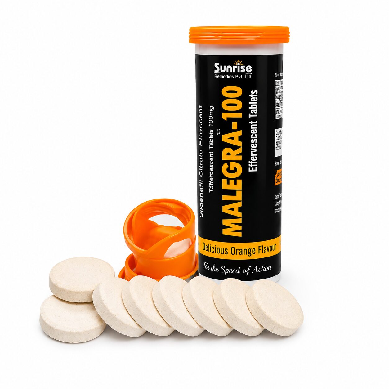 Malegra Effervescent 100 mg (Sildenafil Citrate) 1 Malegra Effervescent 100 mg front bottle with tablet