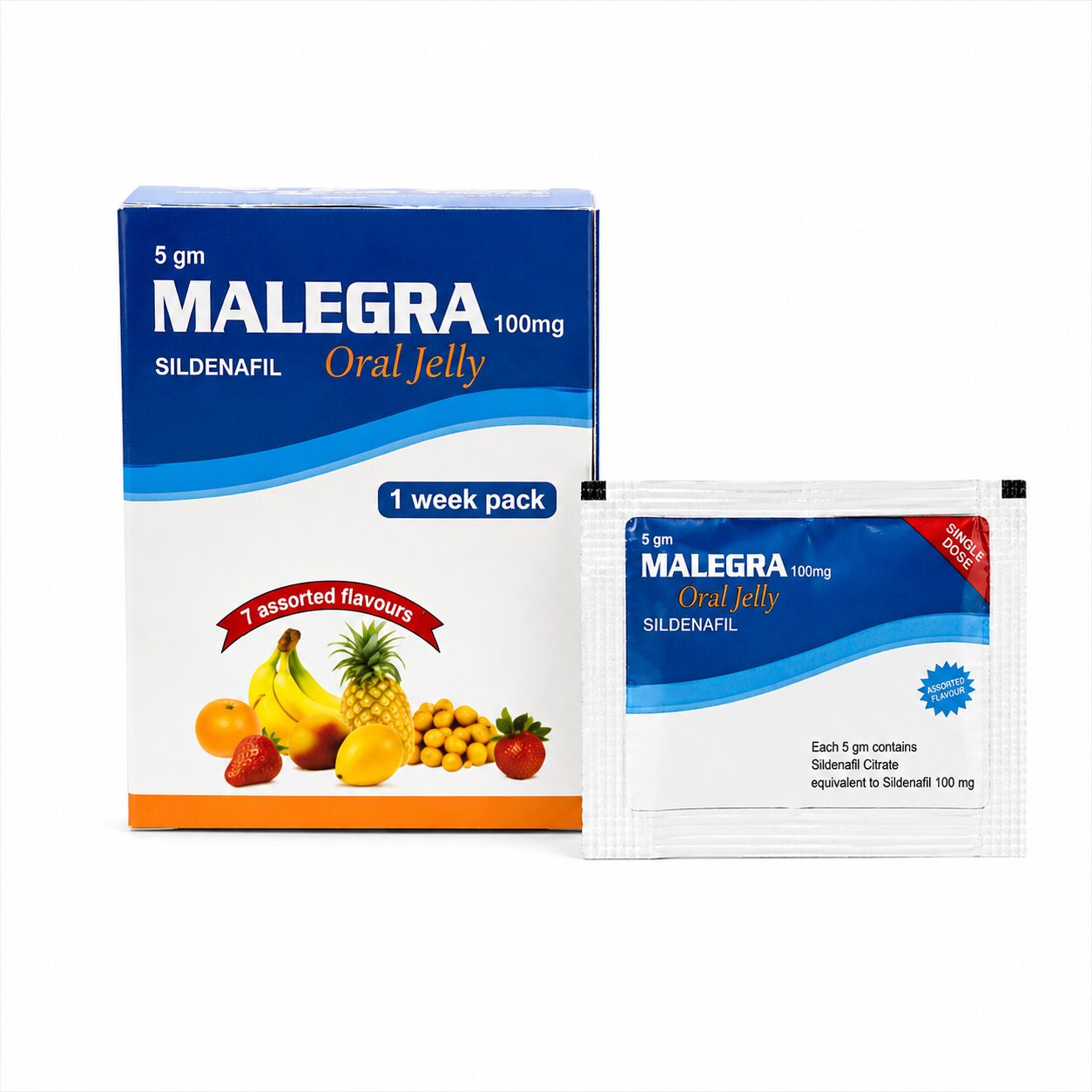 Malegra Oral jelly 100 mg (Sildenafil Citrate) 1 Malegra Oral jelly 100 mg front box with sachets