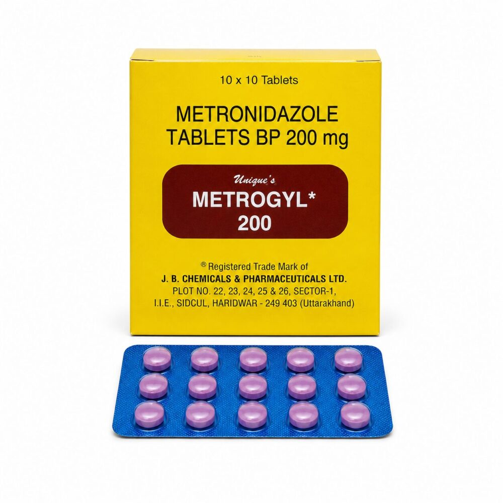 Metrogyl 200 mg (metronidazole) 1 Metrogyl 200 mg (metronidazole) front box with strip