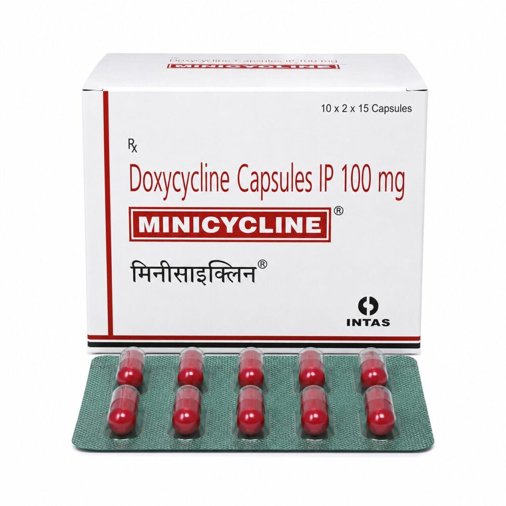 Minicycline 100mg ( Doxycycline ) 1 Minicycline 100 mg ( Doxycycline ) front box with strip