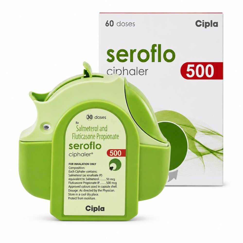 Seroflo 500/50 mcg Multihaler (fluticasone propionate/salmeterol) 1 Seroflo 500/50 mcg Multihaler (fluticasone propionate/salmeterol) frony box with multihaler