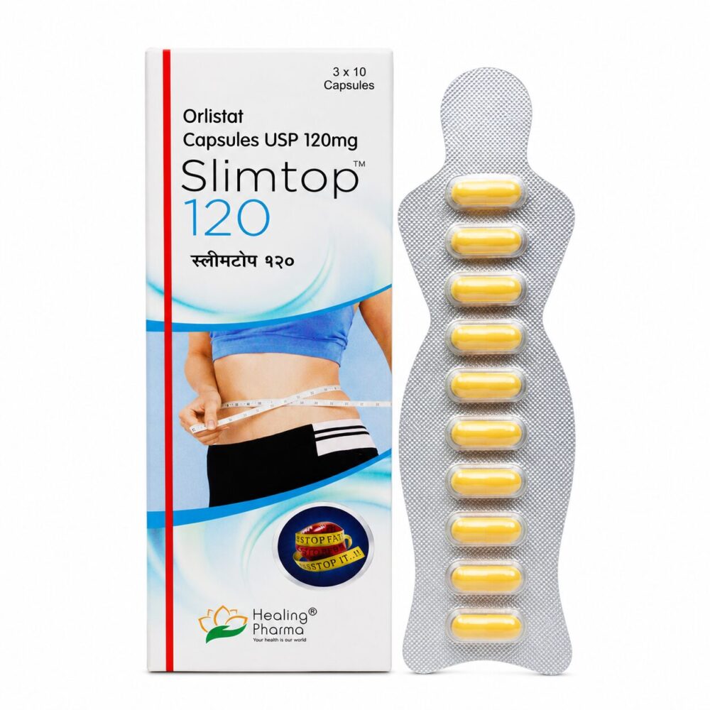 Slimtop 120 mg (Orlistat) 1 Slimtop 120 mg (Orlistat) front box with strip