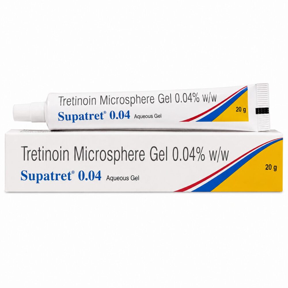 Supatret 0.04% Gel (Tretinoin Microsphere Gel) 1 Supatret 0.04% Gel (Tretinoin Microsphere Gel) front box with tube