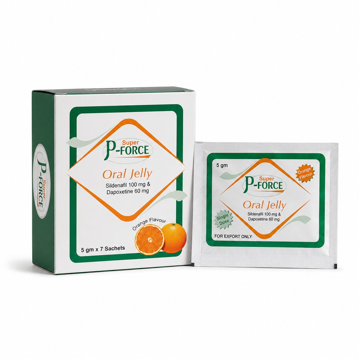 Super P-Force Oral Jelly (Sildenafil/Dapoxetine) 1 Super P Force Oral Jelly 160 mg (Sildenafil/Dapoxetine) front box with sachet