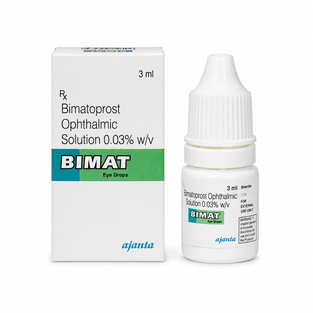 Bimat 0.03% Eye Drops (Bimatoprost Ophthalmic Solution) 1 Bimat 0.03% Eye Drops (Bimatoprost Ophthalmic Solution) front box with drop