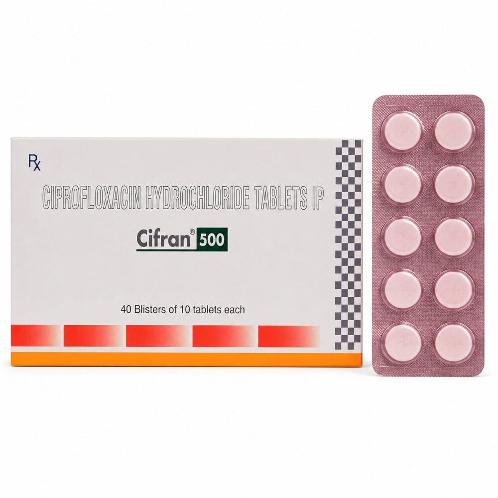 Cifran 500mg Tablet (Ciprofloxacin) 3 Cifran 500mg Tablet (Ciprofloxacin) front box with vertical strip