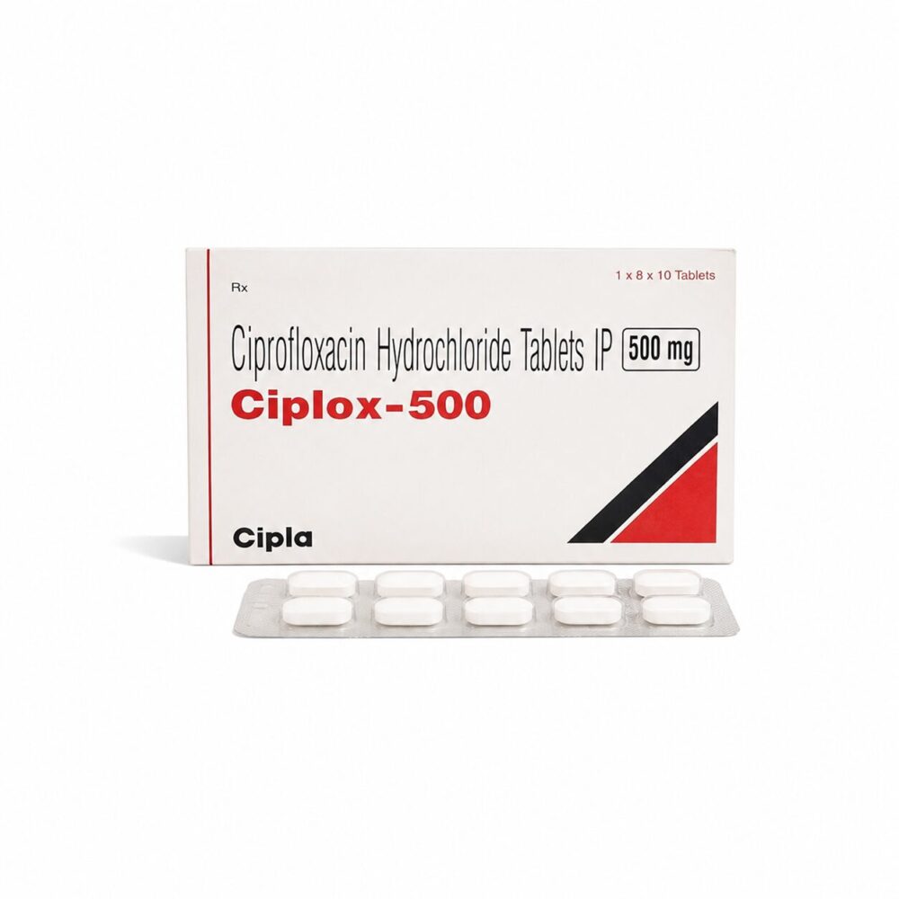 Ciplox 500 mg (Ciprofloxacin) 1 Ciplox 500 mg (Ciprofloxacin) front box with strip