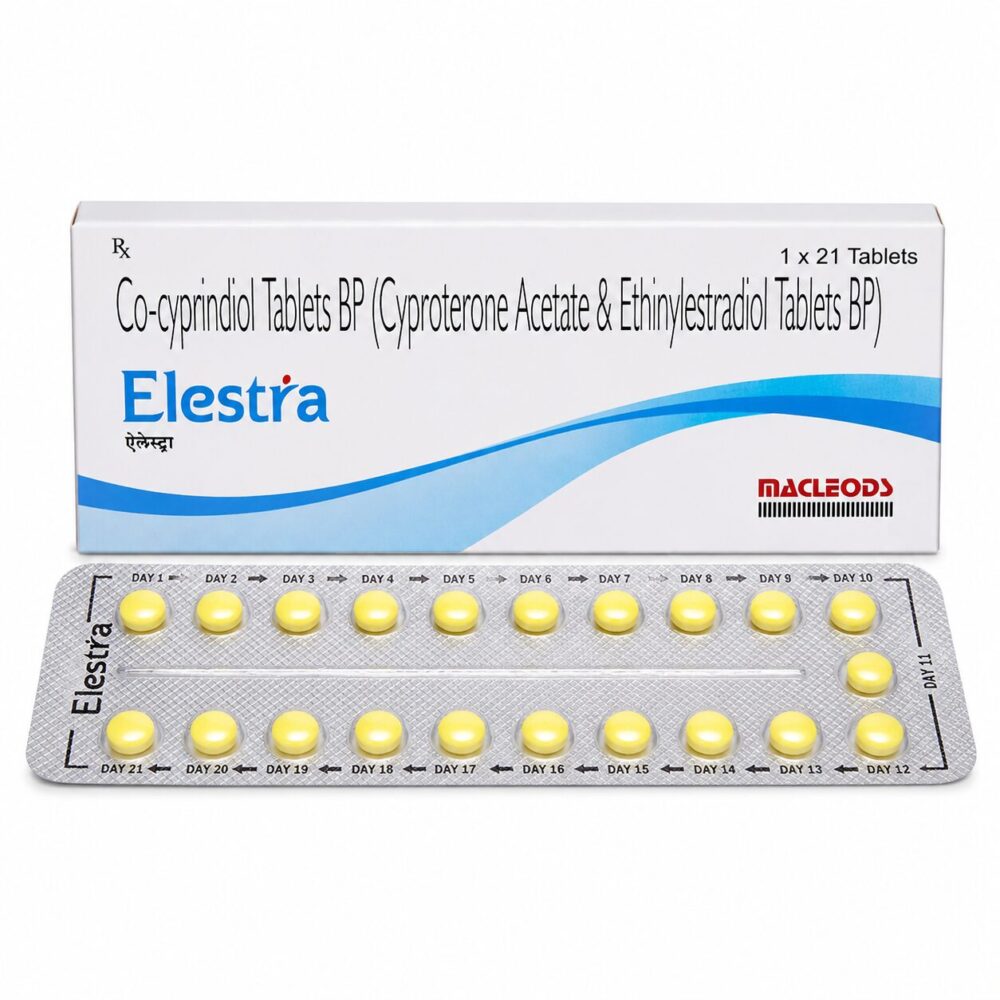 Elestra Tablet (Cyproterone/Ethinyl Estradiol) 1 Elestra Tablet (Cyproterone/Ethinyl Estradiol) front box with strip