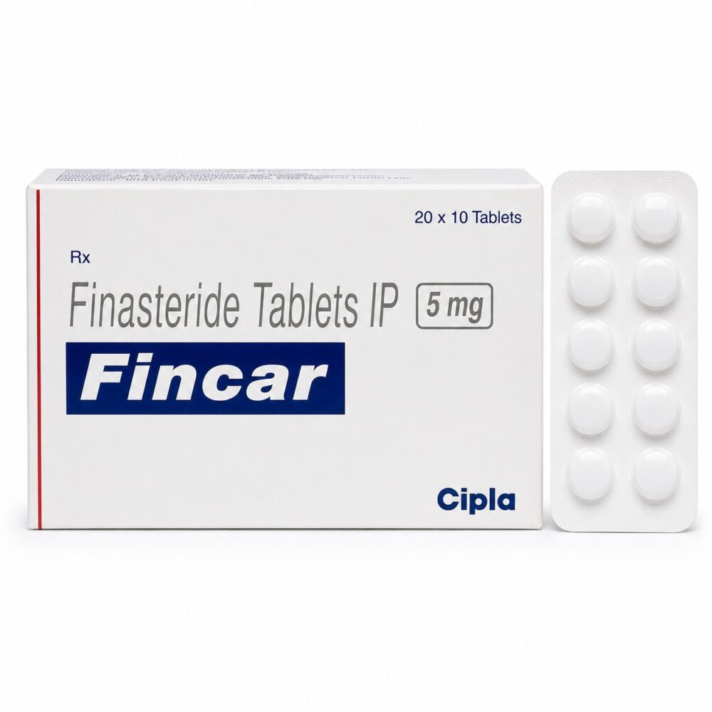 Fincar 5 mg (Finasteride) 3 Fincar 5mg (Finasteride) front box with vertical strip