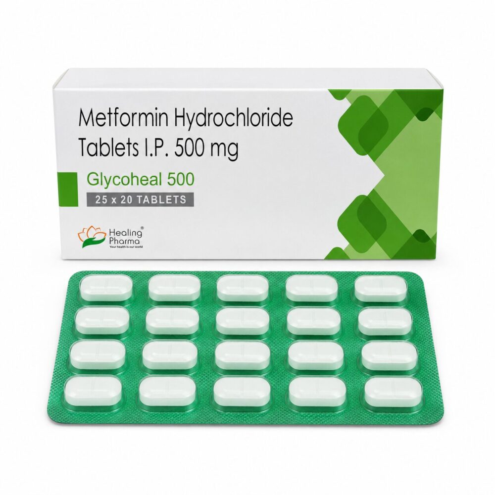 Glycoheal 500 mg (Metformin) 1 Glycoheal 500 mg (Metformin) front box with strip