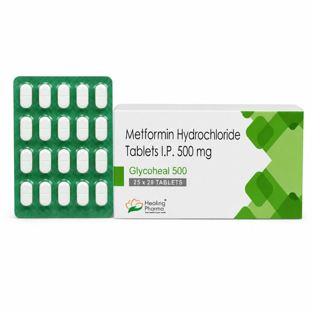 Glycoheal 500 mg (Metformin) 3 Glycoheal 500 mg (Metformin) front box with strip