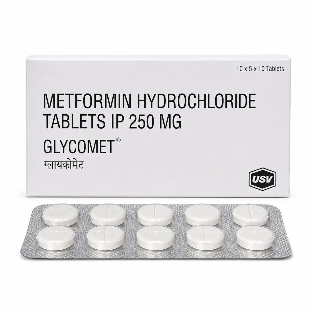 Glycomet 250 mg (Metformin) 1 Glycomet 250 mg (Metformin) front box with strip