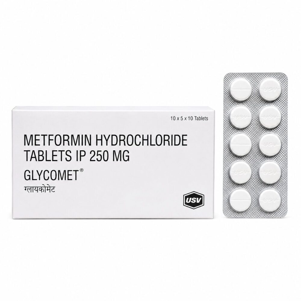 Glycomet 250 mg (Metformin) 3 Glycomet 250 mg (Metformin) frot box with vertical strip