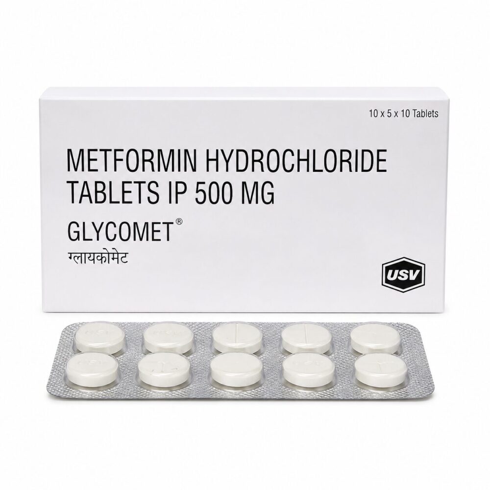 Glycomet 500 mg (Metformin) 1 Glycomet 500 mg (Metformin) front box with strip