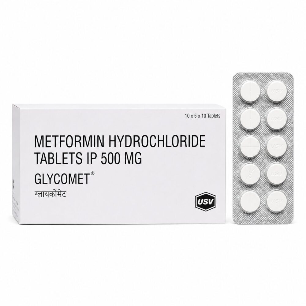Glycomet 500 mg (Metformin) 3 Glycomet 500 mg (Metformin) front box with vertical strip