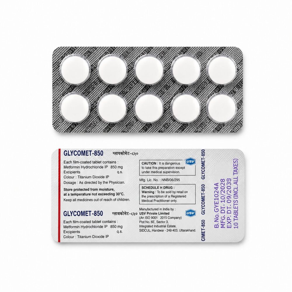 Glycomet 850 mg (Metformin) 2 Glycomet 850 mg (Metformin) strips
