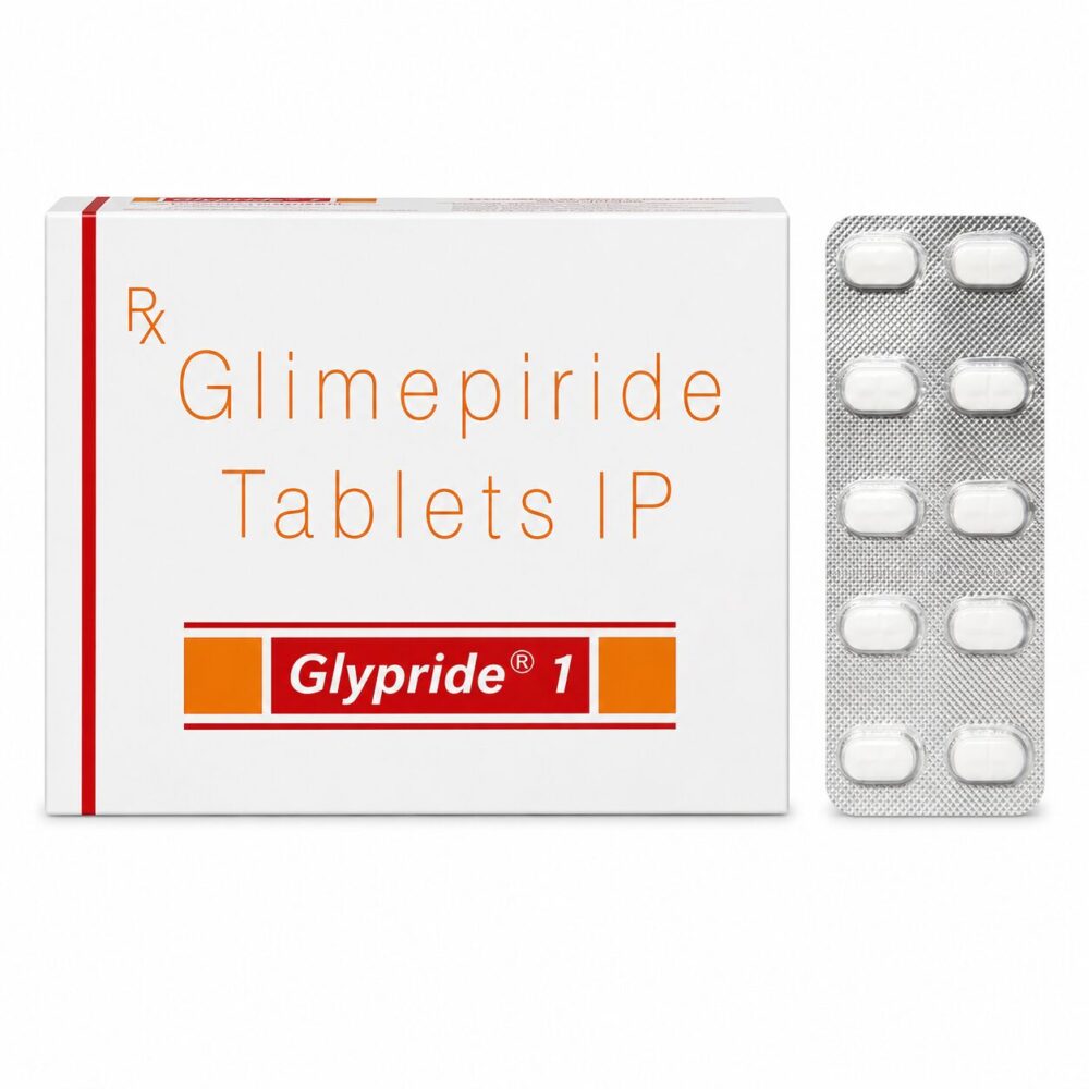 Glypride 1 mg (Glimepiride) 3 Glypride 1mg (Glimepiride) front box with vertical strip