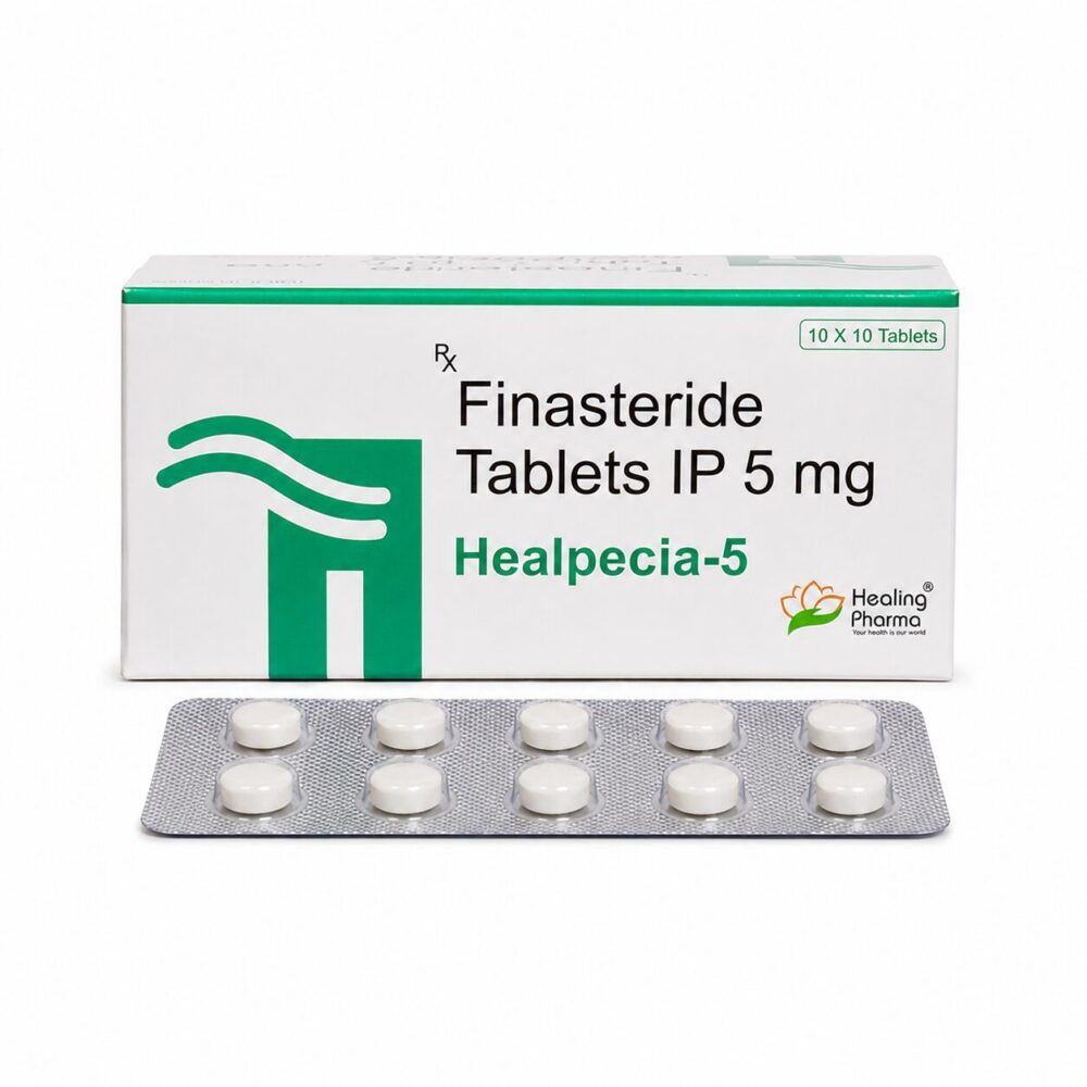 Healpecia 5 mg (Finasteride) 1 Healpecia 5 mg (Finasteride) front box with strip