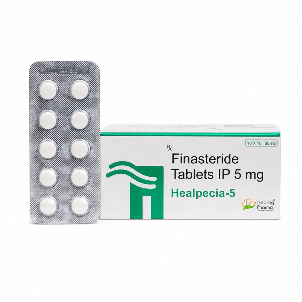 Healpecia 5 mg (Finasteride) 3 Healpecia 5mg (Finasteride) front box with vertical strip