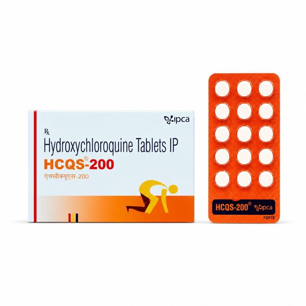 HCQS 200 mg (Hydroxychloroquine) 3 HCQS 200 mg (Hydroxychloroquine) front box with vertical strip